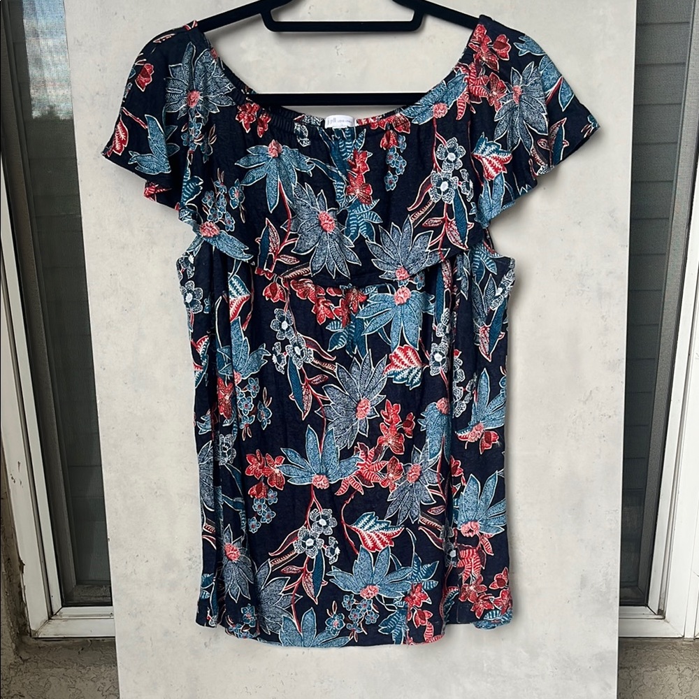 J. Jill Love Linen Tropical Ruffle Off/On-Shoulder Blouse - 1X 🌿